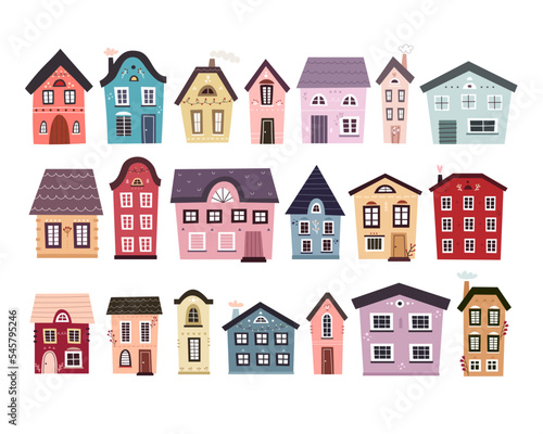 set of houses. colorful illustration for kids, flat style. baby design for cards, t-shirt print, posters, logo, cover