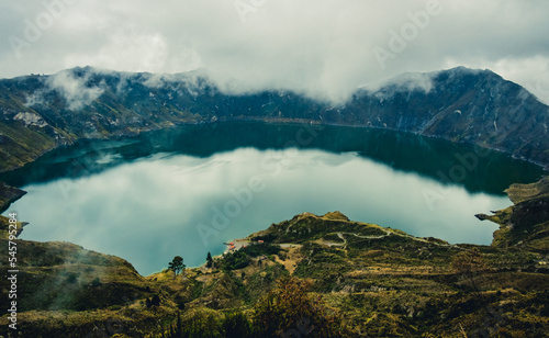 Aerial sunrise of Quilotoa Lake  Laguna de Quilotoa  in Ecuador andes mountains scenic natural landscape of Mother Earth