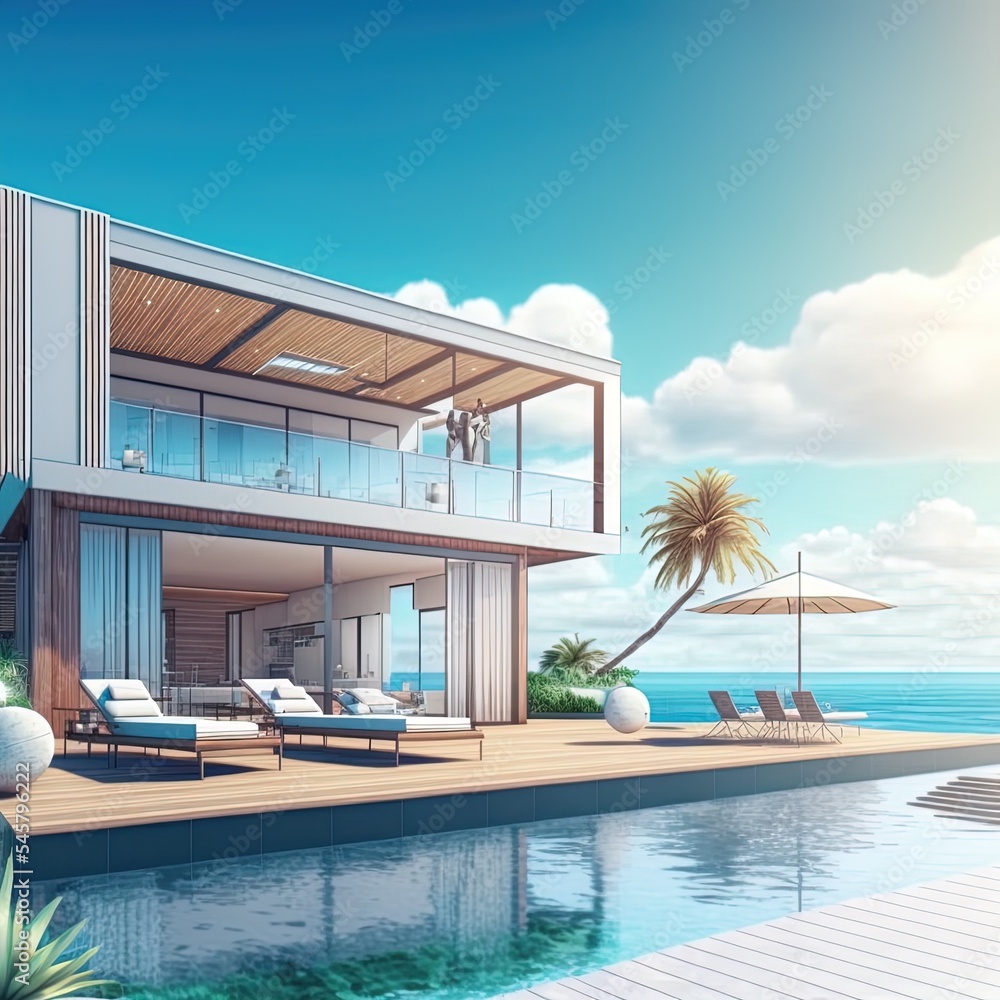 Fototapeta premium Luxury beach house with sea view swimming pool and terrace in modern design, Lounge chairs on wooden floor deck at vacation home or hotel 3d illustration of contemporary holiday villa exterior