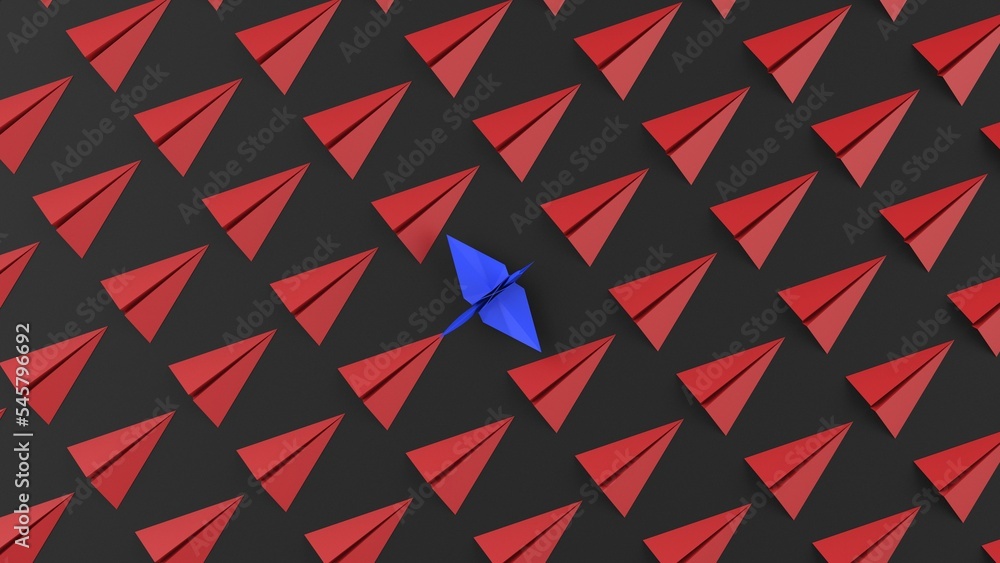 Origami of blue crane and many red airplanes on black board under white lighting background. Concept 3D CG of Japanese traditional culture, wish for world peace and legendary president. Origami of blue crane and many red airplanes on black board under white lighting background. Concept 3D CG of Japanese traditional culture, wish for world peace and legendary president.