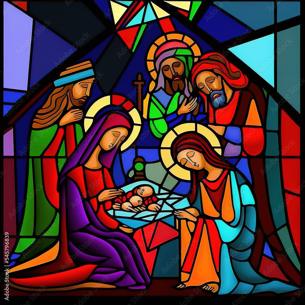 stained glass window with Jesus and the nativity
