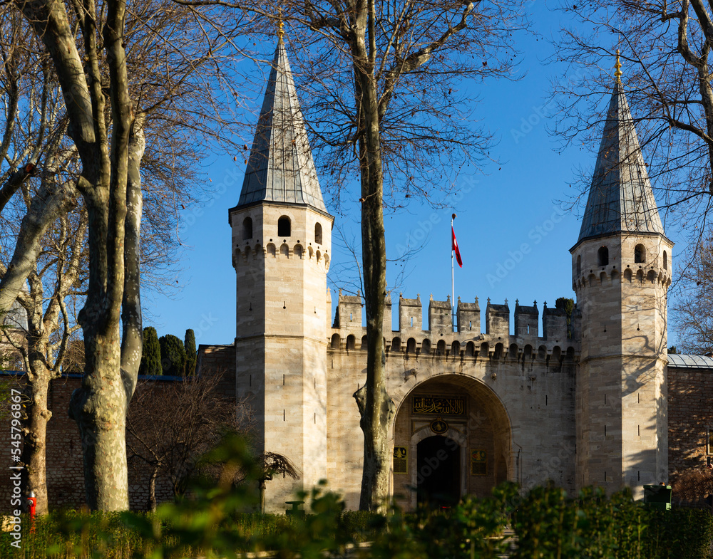 Historical medieval gate of Topkapi palace at sunny winter day, Istanbul, Turkey