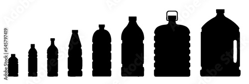 Plastic bottle for clean mineral water icon set. different shapes flask black solid symbol. Recycling container blank silhouette sign for liquid product isolated on white. Tare for beverage