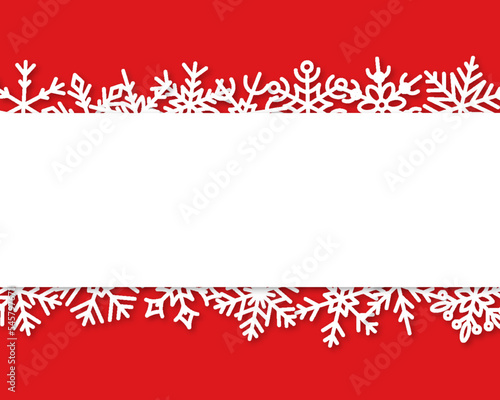 Snowflake icy cold white linear banner. Merry Christmas and Happy New Year greeting card poster border template. Winter time ornate ice star background. Copy space snow flakes frame. Xmas letter decor