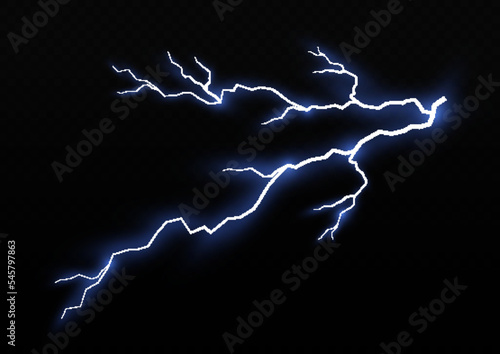 Thunder storm realistic blue lightning. Sparks electrical and stars. Symbol of natural strength or magic, abstract, electricity explosion. Light effect and lighting. Glow white sparkle. Vector