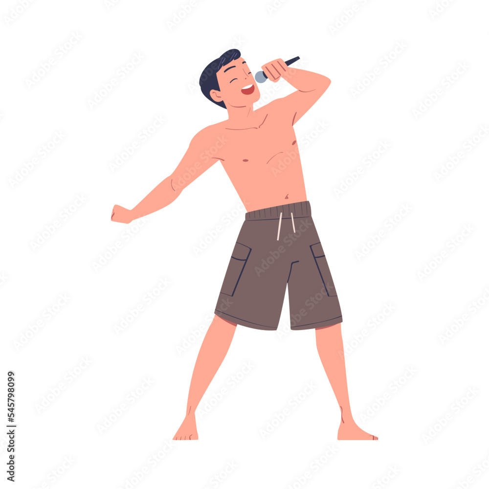 Male singer performing with microphone. Guy singing song emotionally cartoon vector illustration Male singer performing with microphone. Guy singing song emotionally cartoon vector illustration
