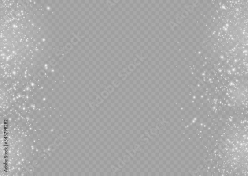 Blur white sparks and glitter special light effect. Fine, shiny bokeh dust particles fall off slightly. Defocused silver sparkle, stars and blurry spots. Magical flickering lights. Vector illustration