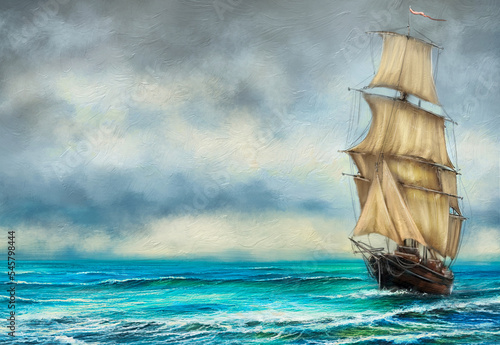 Oil paintings sea landscape, old ship in the ocean. Artwork, fine art