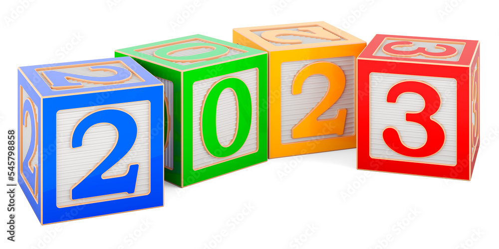 Happy New Year 2023 with alphabet wooden blocks concept, 3D rendering Happy New Year 2023 with alphabet wooden blocks concept, 3D rendering