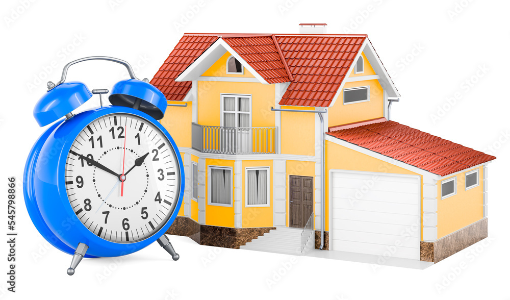 Home with alarm clock, 3D rendering