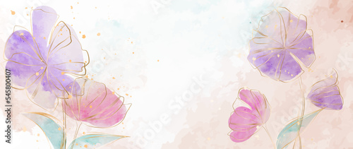 Luxury watercolor floral art background with purple and pink flowers with golden elements in line style. Botanical banner for decoration, print, wallpaper, interior textiles.