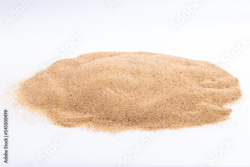 Desert sand pile, dune isolated white background. Gold White fine Sands on Beach island, destination of tropical ocean. Studio shot for detail texture, copy space