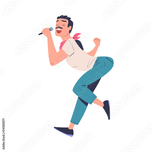 Guy performing on stage with microphone. Young man singing song and dancing cartoon vector illustration