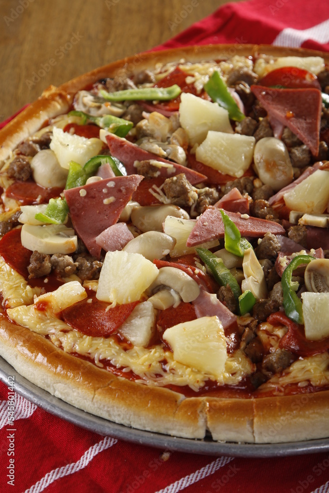 Semi-closeup of pizza with various ingredients