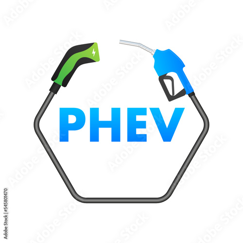 PHEV icon. Plug-in hybrid electric vehicle. Electric energy and fuel engine. Vector stock illustration
