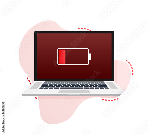 Laptop with low battery icon on screen. Vector stock illustration.