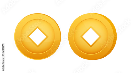 Feng shui chinese coin. China gold money. Vector stock illustration.