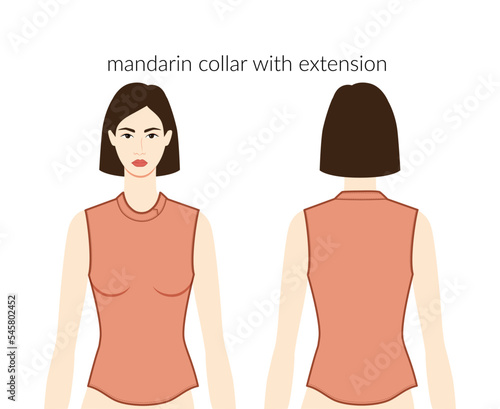 Mandarin collar with extension neckline clothes character in ochre top, shirt, dress technical fashion illustration with fitted body. Flat apparel template front, back sides. Women, men unisex mockup