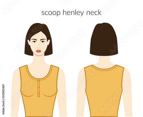 Scoop henley neckline clothes knits, sweaters character beautiful lady in ochre top, shirt, dress technical fashion illustration with fitted body. Flat apparel template. Women, men unisex CAD mockup