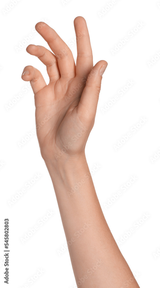 Woman holding something on white background, closeup of hand Woman holding something on white background, closeup of hand