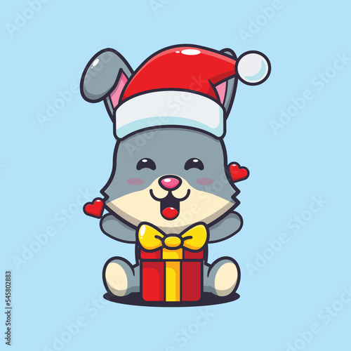 Cute rabbit happy with christmas gift. Cute christmas cartoon illustration. 