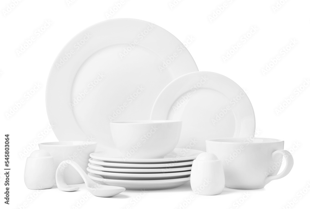 Set of clean dishware isolated on white Set of clean dishware isolated on white