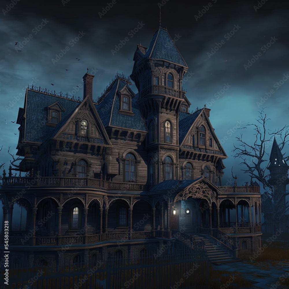 3D Render of a Creepy Victorian Haunted House. Horror Movie House. (Digital Illustration in the Style of Fantasy Wallpaper, Film Still, Greeting Card, Holiday Card, Invitation, or Postcard.) 3D Render of a Creepy Victorian Haunted House. Horror Movie House. (Digital Illustration in the Style of Fantasy Wallpaper, Film Still, Greeting Card, Holiday Card, Invitation, or Postcard.)