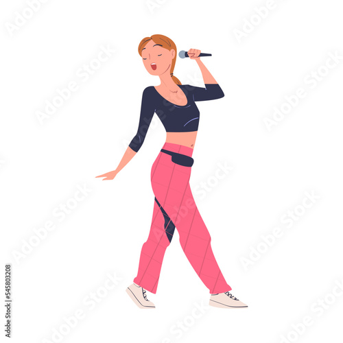Girl singing with microphone. Young woman musician performing song cartoon vector illustration
