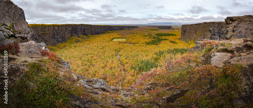 Wonderful view over Asbyrgi canyon in September as the leaves are colorful, Iceland photo