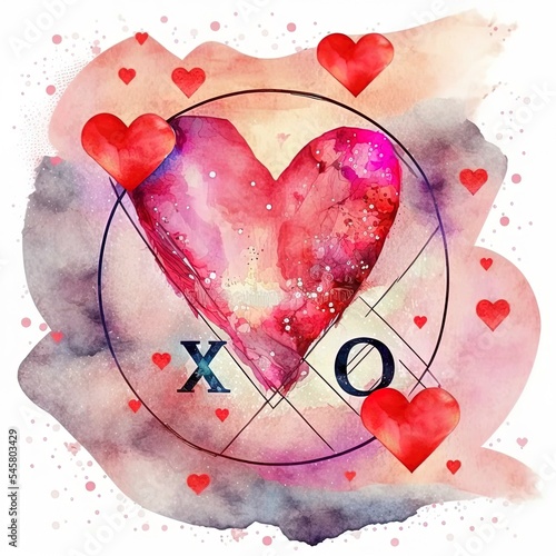 Composition of love for valentine day concept with watercolor painting background and XO game love heart