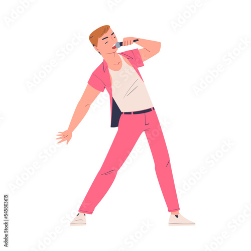 Male singer performing with microphone. Emotional guy singing song cartoon vector illustration