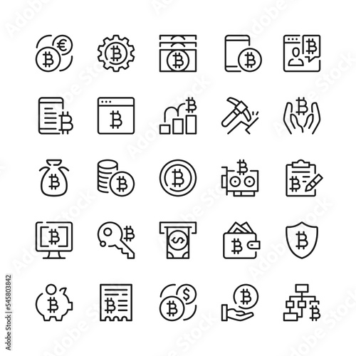 Bitcoin line icons. Outline symbols. Vector line icons set