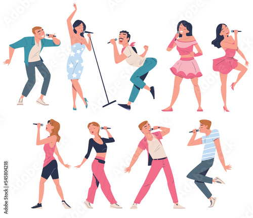 Singers performing with microphones set. Young men and women singing song and dancing cartoon vector illustration