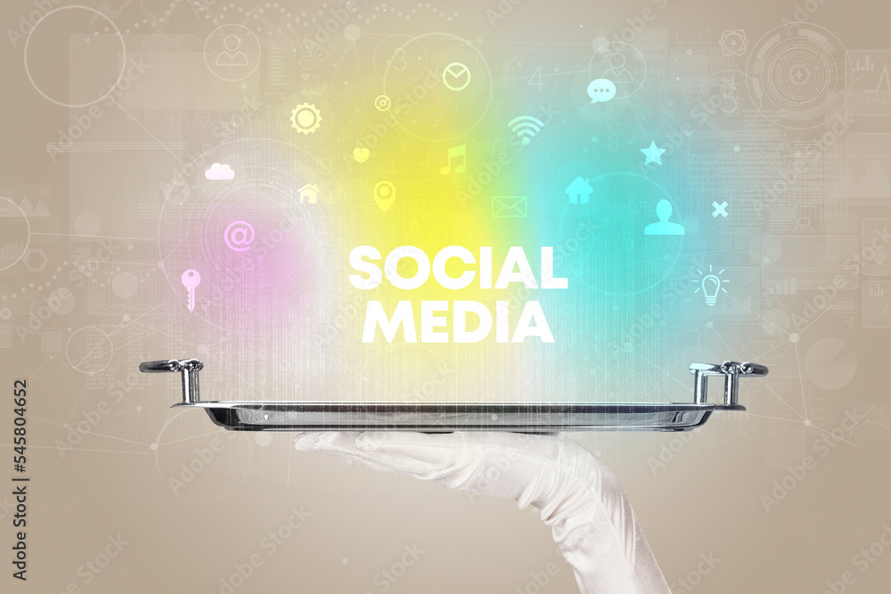 Waiter serving social networking concept Waiter serving social networking concept
