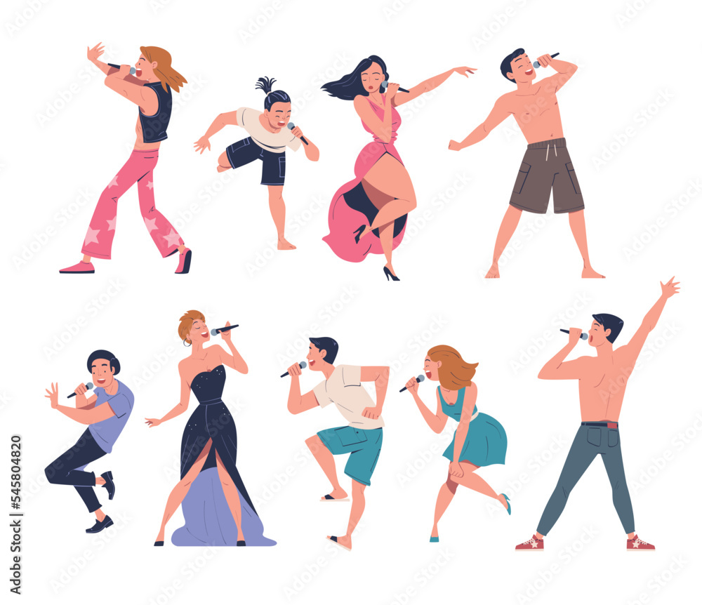 Male and female singers singing set. Musicians performing on stage with microphones cartoon vector illustration