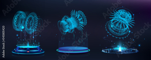 Schemes of mechanisms on futuristic catwalks holograms, 3D blueprint hologram in podiums. Vector collection stages with gears.
Cyberpunk portals with light, glow and neon effect. Sci-fi HUD. Vector

