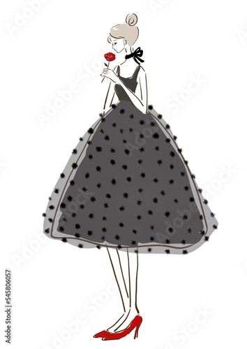 This is a girl in a party dress holding a rose.