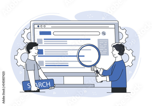 People working on website. Men with magnifying glass near computer write code, develop program, software or application. IT specialists and programmers at workplace. Cartoon flat vector illustration