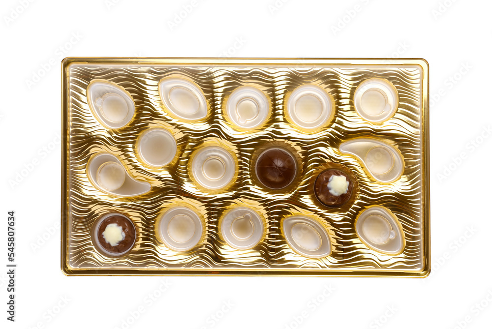 Partially empty box of chocolate candies isolated on white, top view Partially empty box of chocolate candies isolated on white, top view