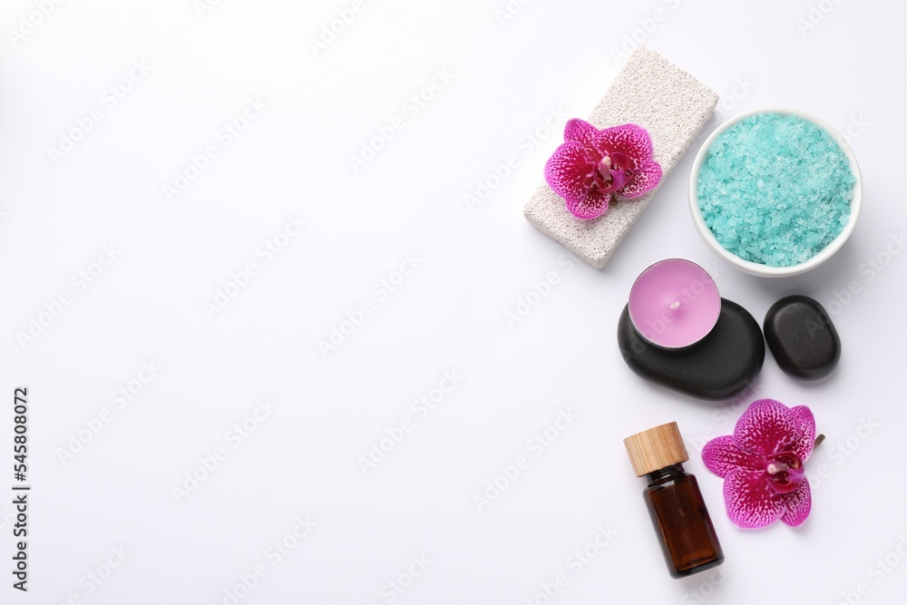 Flat lay composition with different spa products on white background, space for text Flat lay composition with different spa products on white background, space for text