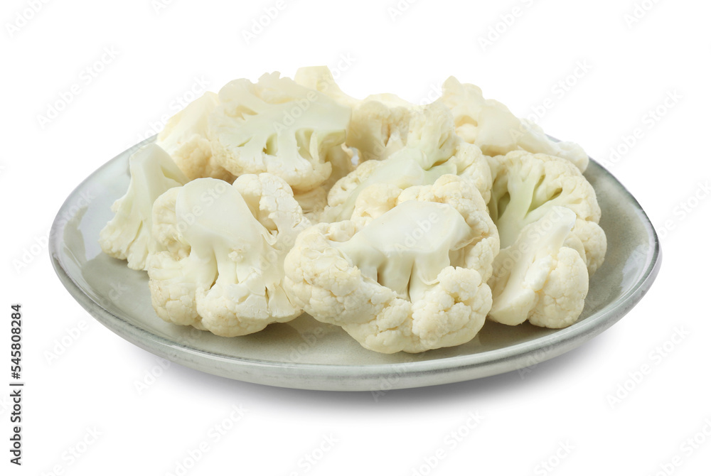 Plate with cut fresh raw cauliflowers on white background Plate with cut fresh raw cauliflowers on white background