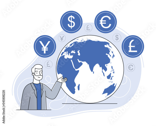 World currencies concept. Man shows his hand to planet. Financial literacy, economics and trading. Talented investor and currency exchange. Poster or banner. Cartoon flat vector illustration