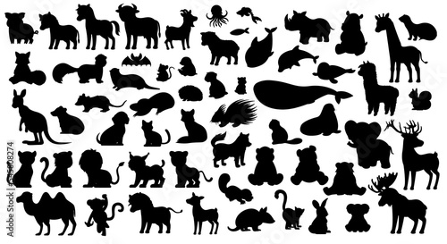 Animals black silhouettes. African savannah and fauna. Elegance and aesthetics  beauty. Rhinoceros  lion  bear  camel and monkey. Cartoon flat vector illustrations isolated on white background