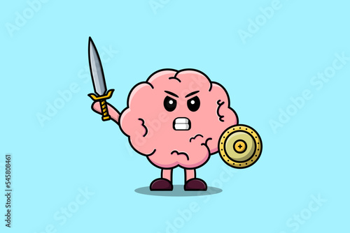 Cute cartoon character Brain holding sword and shield in modern style design