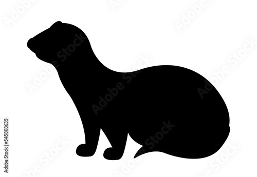 Dark silhouette of weasel. Graphic element for printing on fabric, sticker for social networks and instant messengers. Tropical and exotic animal, forest dweller. Cartoon flat vector illustration