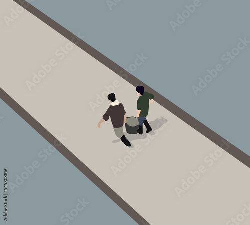 Two man carry basket of fish walking on boat pier. They collecting fresh fishes from boat and open up a market