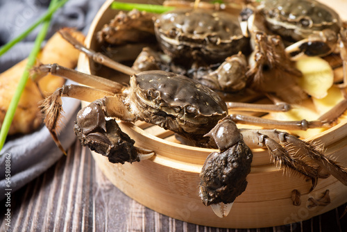 Canvas Print live hairy crab or mitten crab in steamer on table.