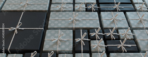 Seasonal Wallpaper with Christmas Presents Neatly arranged in a Grid. Trendy Duck Egg Blue and Black banner.