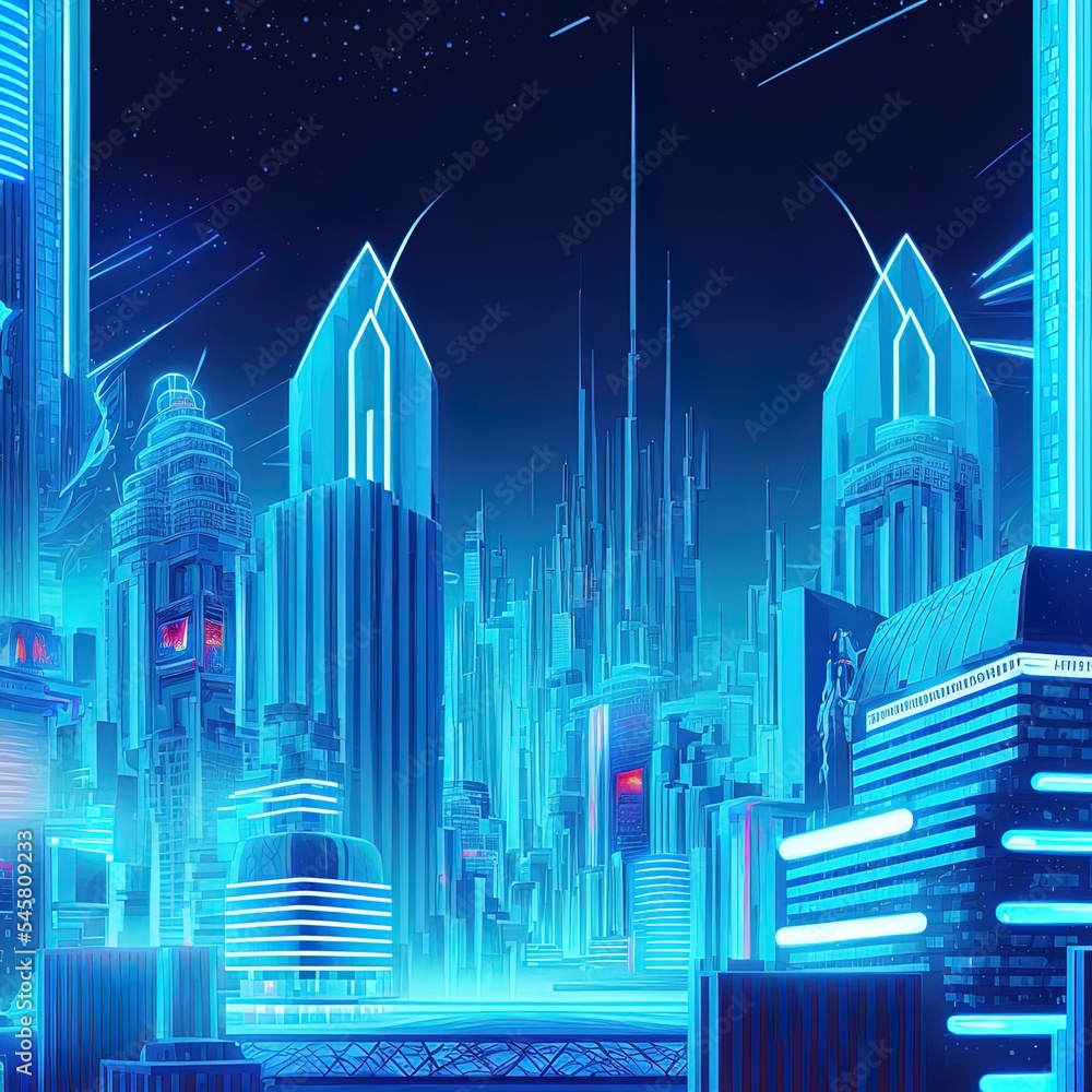 Raster illustration of metropolis of the future. Skyscrapers, neon blue ...
