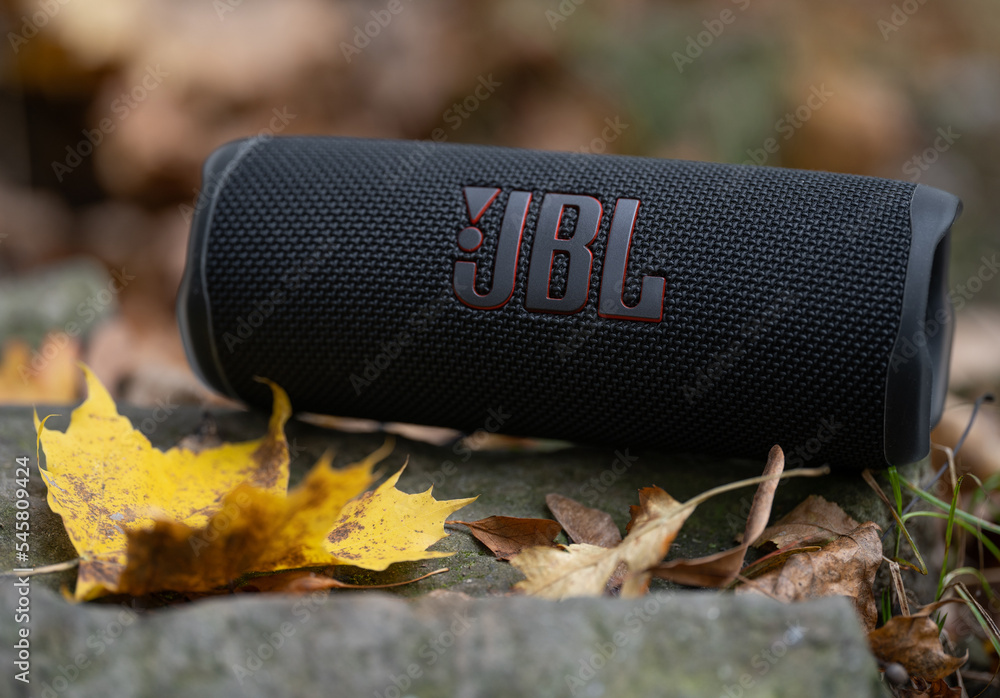 LVIV, UKRAINE - OCTOBER 12, 2022: JBL Flip 6 Black, portable bluetooth  speaker outdoors. Stock Photo | Adobe Stock